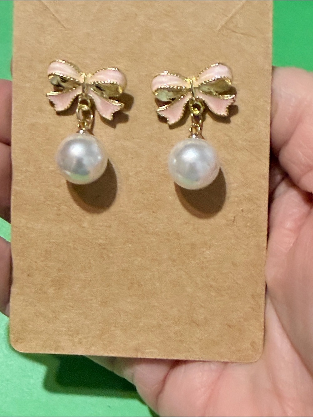 Pink Enamel Bow Pearl  Gold Fairy Core Drop Earrings